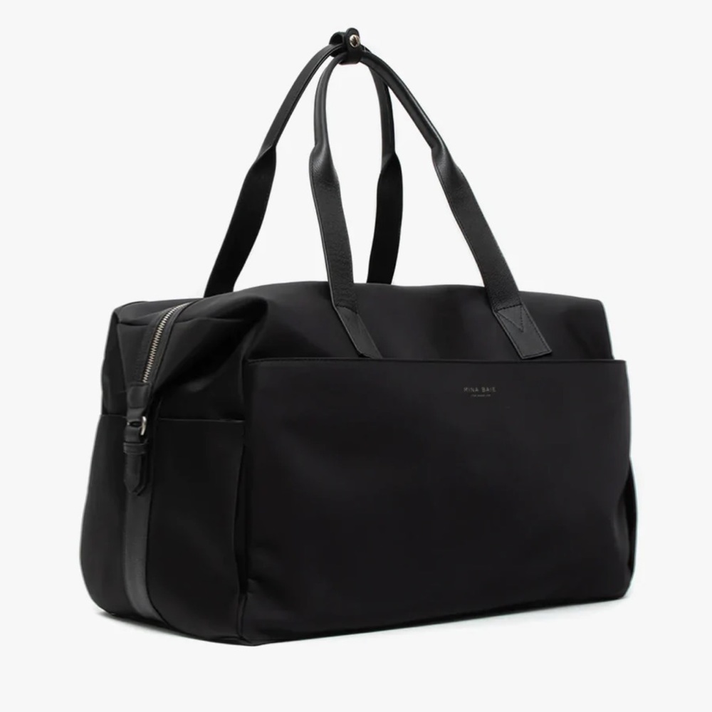 Mina Baie London Weekender/Hospital Bag in black nylon with silver hardware